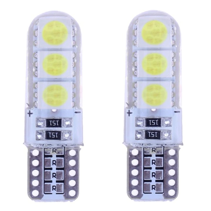 Set 2 Becuri LED T10 w5w pentru Pozitii , Plafoniera Lumina Alba cu Protectie Silicon