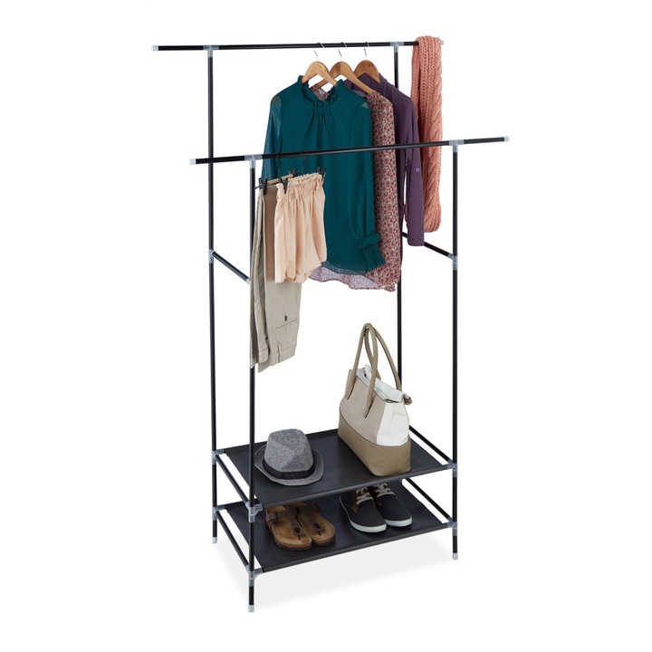 Двойна стойка за дрехи с 2 рафта за обувки, Relaxdays, метална рамка, черна, 172 x 110 x 43 cm