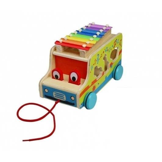 Jucarie de tras Autobuz din lemn cu sortator, xilofon, 6 animalute