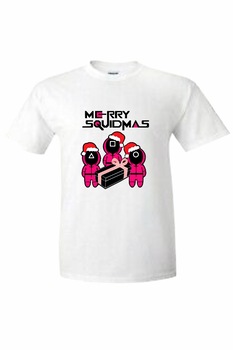 Tricou bumbac unisex Squid Game Christmas, Alb Tricou bumbac unisex Squid Game Christmas, Alb