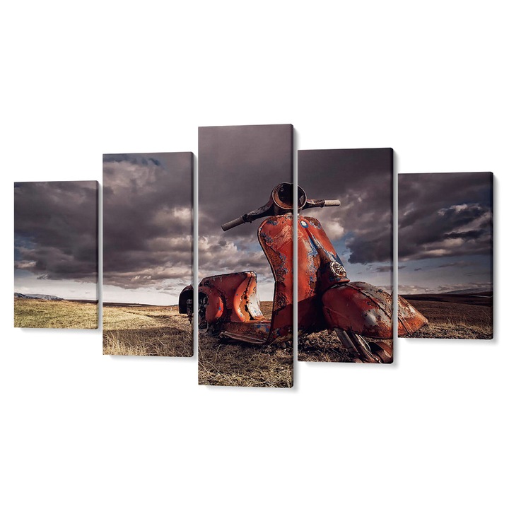 Комплект от 5 Tabouri premium multi-canvas декор, Ръждив скутер под облачно небе, 105 x 200 cm
