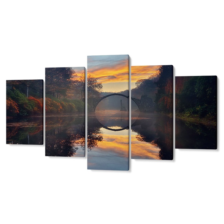 Комплект от 5 Tabouri premium multicanvas декор, Вода и дървета през есента, 105 x 200 см