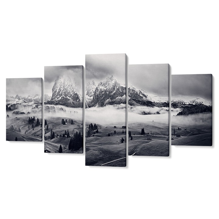 Комплект от 5 Tabouri premium multi-canvas декор, Зимен пейзаж в черно и бяло, 105 x 200 cm