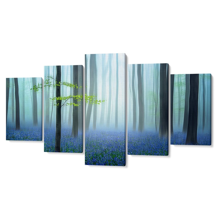 Комплект от 5 части Tablouri Premium multicanvas decor, Зелена гора със сини цветя през пролетта, 105 x 200 см