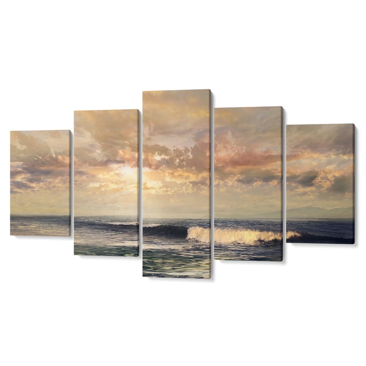 Комплект от 5 Tabouri premium multicanvas декор, Море с вълни и слънце сред облаците, 105 x 200 cm