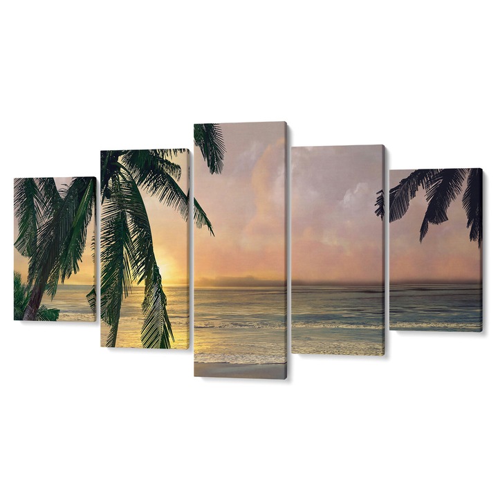Комплект от 5 Tabouri premium multicanvas декор, Плаж с палми по залез I, 105 x 200 см