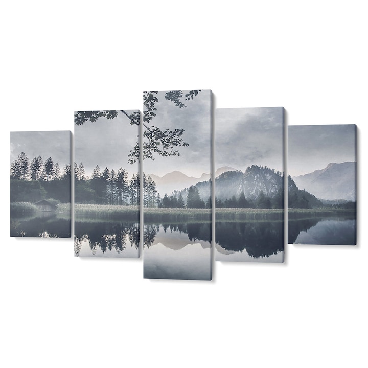 Set 5 piese Tabouri Decor multicanvas premium, Lac de munte in nuante de gri, 55 x 100 cm
