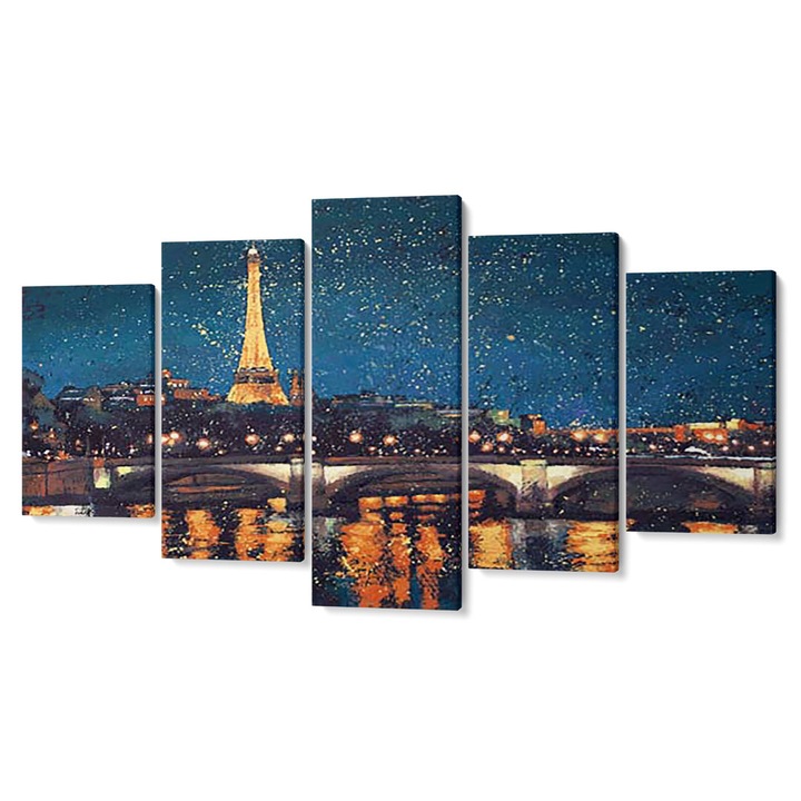 Комплект от 5 Tabouri premium multicanvas декор, Вечерен изглед на Париж, 55 x 100 cm