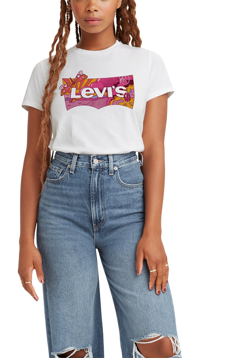Levi's, Tricou regular fit din bumbac, Alb/roz inchis