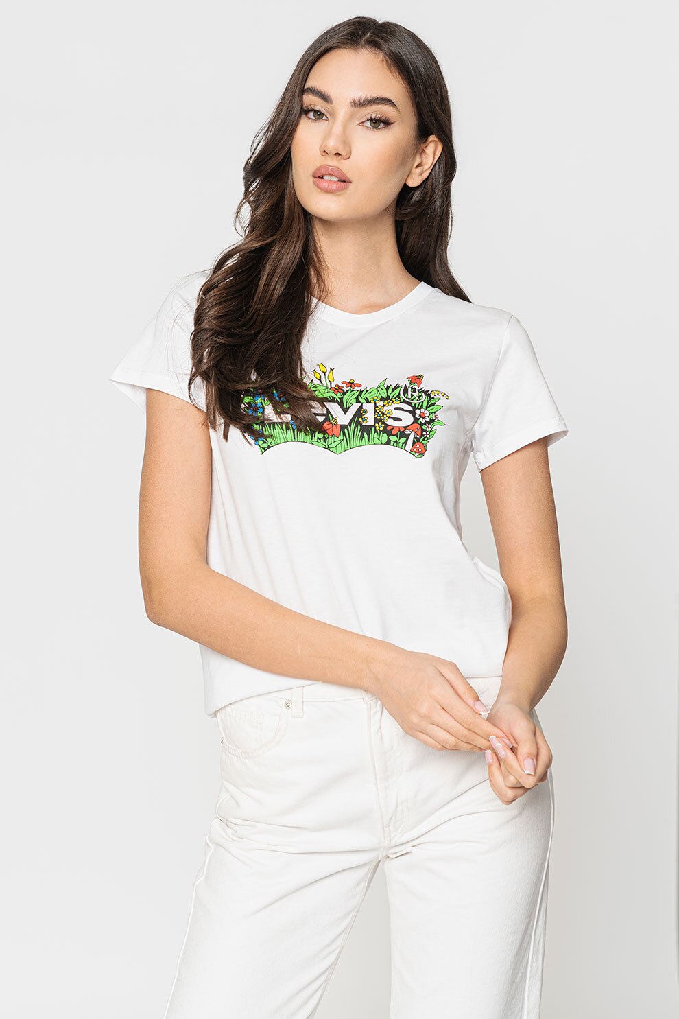 Levi's, Tricou regular fit din bumbac, Alb optic/Verde/Rosu