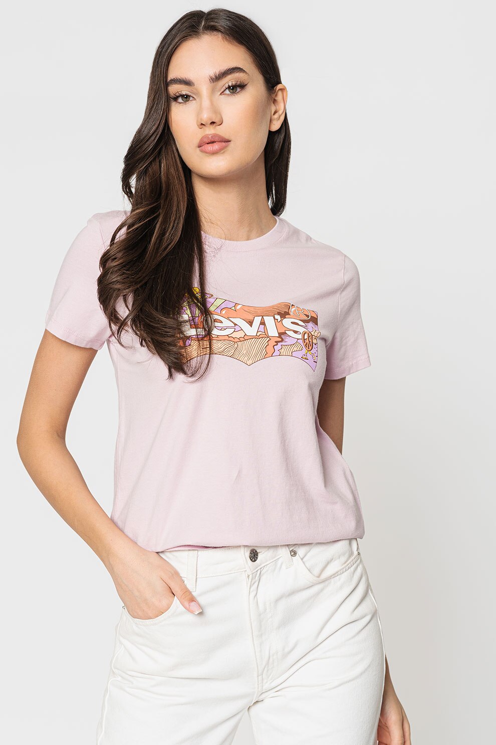 Levi's, Tricou regular fit din bumbac, Roz pastel/Roz piersica/Alb