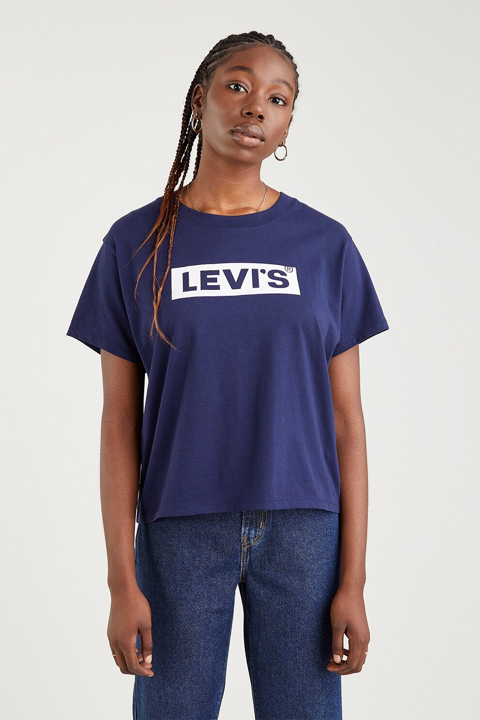 Levi's, Tricou de bumbac cu imprimeu logo, Albastru inchis/Alb optic