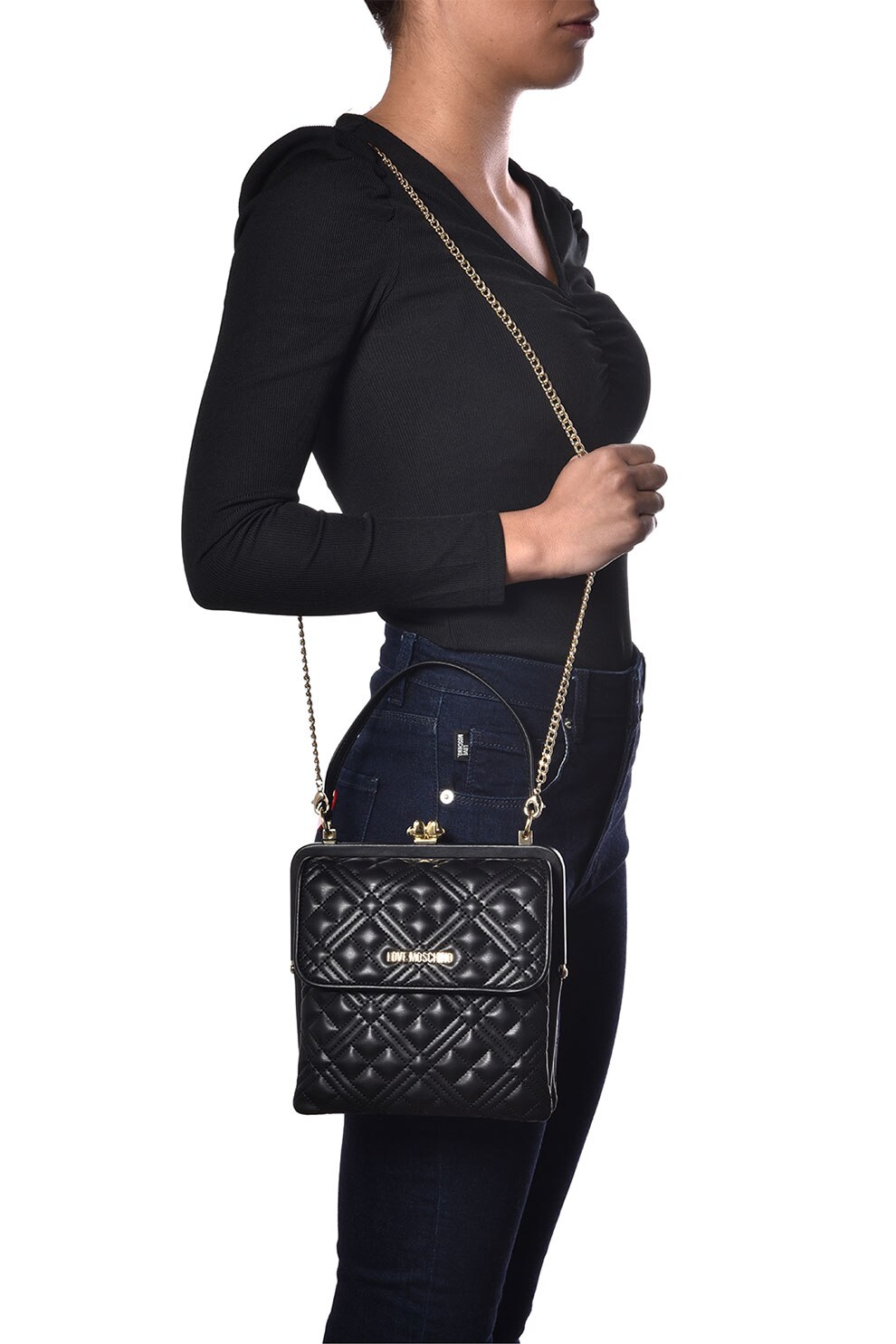 Love Moschino, Geanta crossbody matlasata cu logo, Negru eMAG.ro
