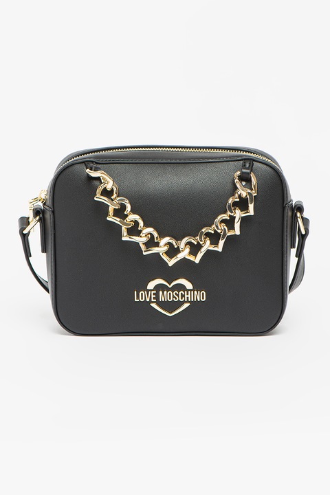 Love Moschino, Keresztpántos műbőr táska szív alakú láncos részlettel, Fekete