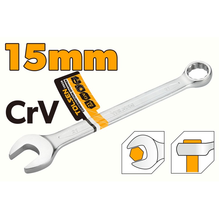 Cheie combinata C-rv 15 mm din otel Cr-V, finisaj cromat mat, TOLSEN, pentru lucrari mecanice si industriale