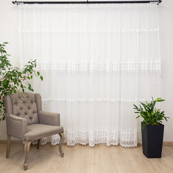 Perdea brodata nesifonabila Hiko alba Garden06 cu rejansa, 200x245cm