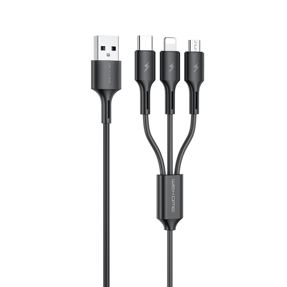 Cablu de date 3in1, WK Design, USB to USB-C/Lightning/micro USB, 3A, 1.2 m, Negru