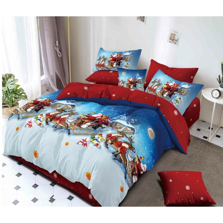 Lenjerie Pat Dublu 6 Piese de Craciun, Bumbac-Finet, Albastru cu Rosu, PUC015