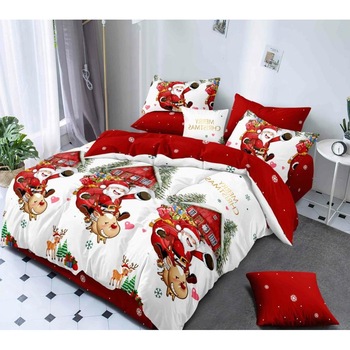 Lenjerie Pat Dublu 6 Piese de Craciun, Bumbac-Finet, Alb cu Rosu, PUC003 Lenjerie Pat Dublu 6 Piese de Craciun, Bumbac-Finet, Alb cu Rosu, PUC003