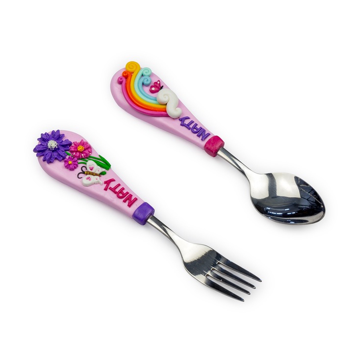 Set Lingura si Furculita Flori si Curcubeu, Fimo, Pentru Bebelusi, YoobirimBox Handmade, Multicolor