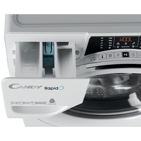 Masina de spalat rufe cu uscator Candy Rapido ROW61064DWMCE-S, 10 kg spalare, 6 kg uscare, 1600 rpm, Clasa A, Motor Inverter, Wi-Fi, Bluetooth, Mix Power System, Steam, Alb