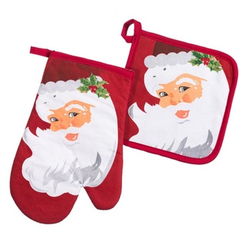 Set de bucatarie 2 piese, Zola®, manusa si servet, bumbac, model cu Mos Craciun Set de bucatarie 2 piese, Zola®, manusa si servet, bumbac, model cu Mos Craciun