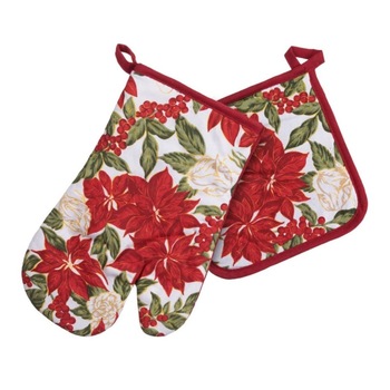 Set de bucatarie 2 piese, Zola®, manusa si servet, bumbac, de Craciun, model cu flori Set de bucatarie 2 piese, Zola®, manusa si servet, bumbac, de Craciun, model cu flori