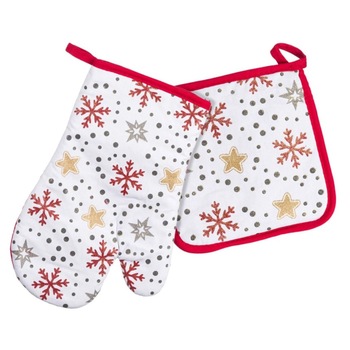 Set de bucatarie 2 piese, Zola®, manusa si servet, bumbac, de Craciun, model cu fulgi si stelute Set de bucatarie 2 piese, Zola®, manusa si servet, bumbac, de Craciun, model cu fulgi si stelute