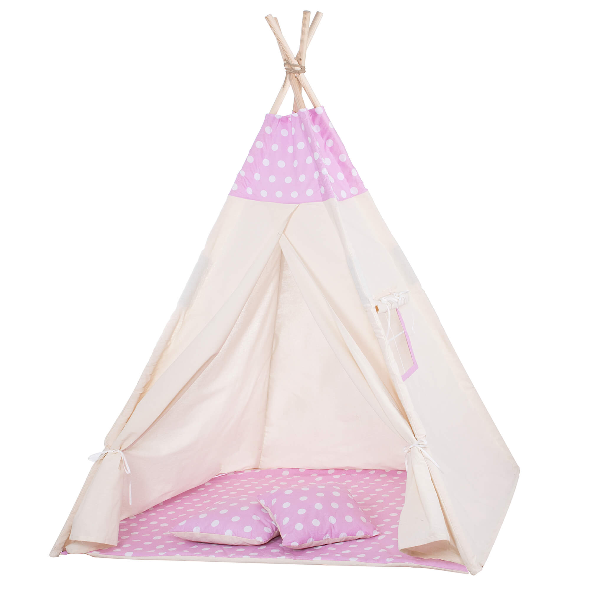 Cort pentru copii Tipi, Puncte, tip teepee, bumbac, 160 cm, Alb/Roz