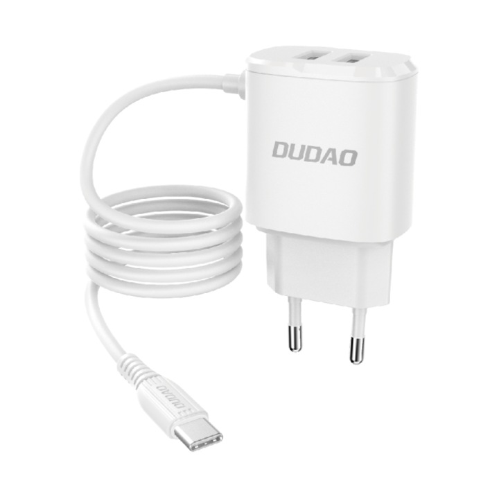Hálózati töltő, Dudao, A2ProT, Fehér, 2xUSB, 12W, Quick Charge 3.0, Széleskörű kompatibilitás, Integrált USB-C kábel