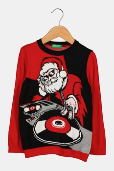 United Colors of Benetton, Pulover cu model cu Mos Craciun, Rosu/Negru United Colors of Benetton, Pulover cu model cu Mos Craciun, Rosu/Negru