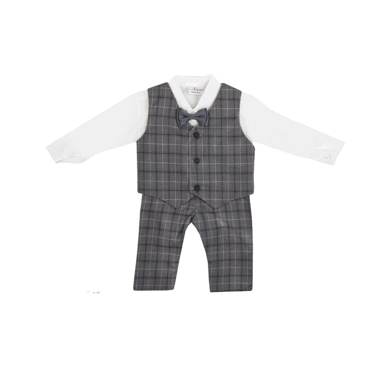 Costum elegant carouri gri, format din patru piese cu vesta, camasa, pantalon si papion 80CM