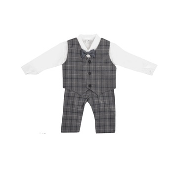 Costum elegant carouri gri, format din patru piese cu vesta, camasa, pantalon si papion 74m Costum elegant carouri gri, format din patru piese cu vesta, camasa, pantalon si papion 74m