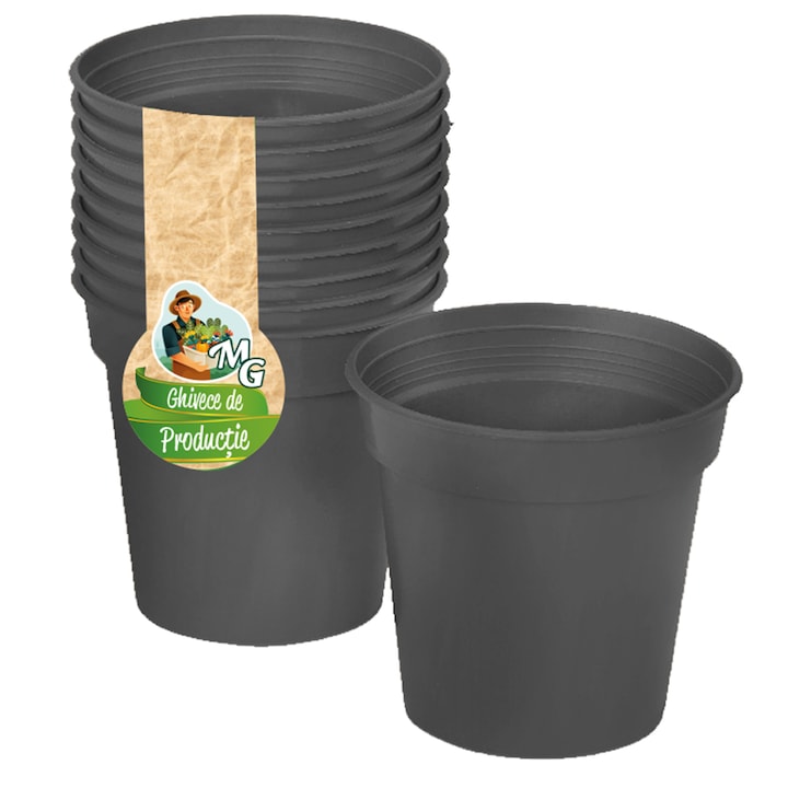 Set 10 Ghivece de productie din plastic, cu gauri de drenaj, culoare negru, diametrul de 12 cm