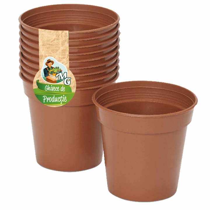 Set de 10 Ghivece de productie din plastic, cu gauri de drenaj, culoarea teracota, cu diametrul de 12 cm