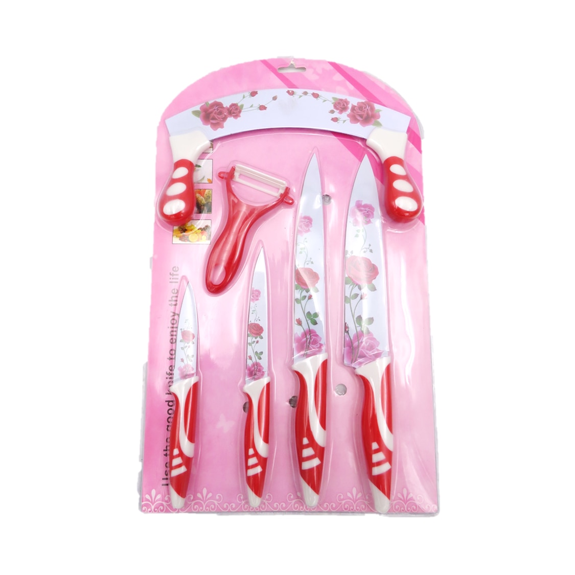 Set cutite bucatarie 6 piese, diferite marimi, model floral, Roz