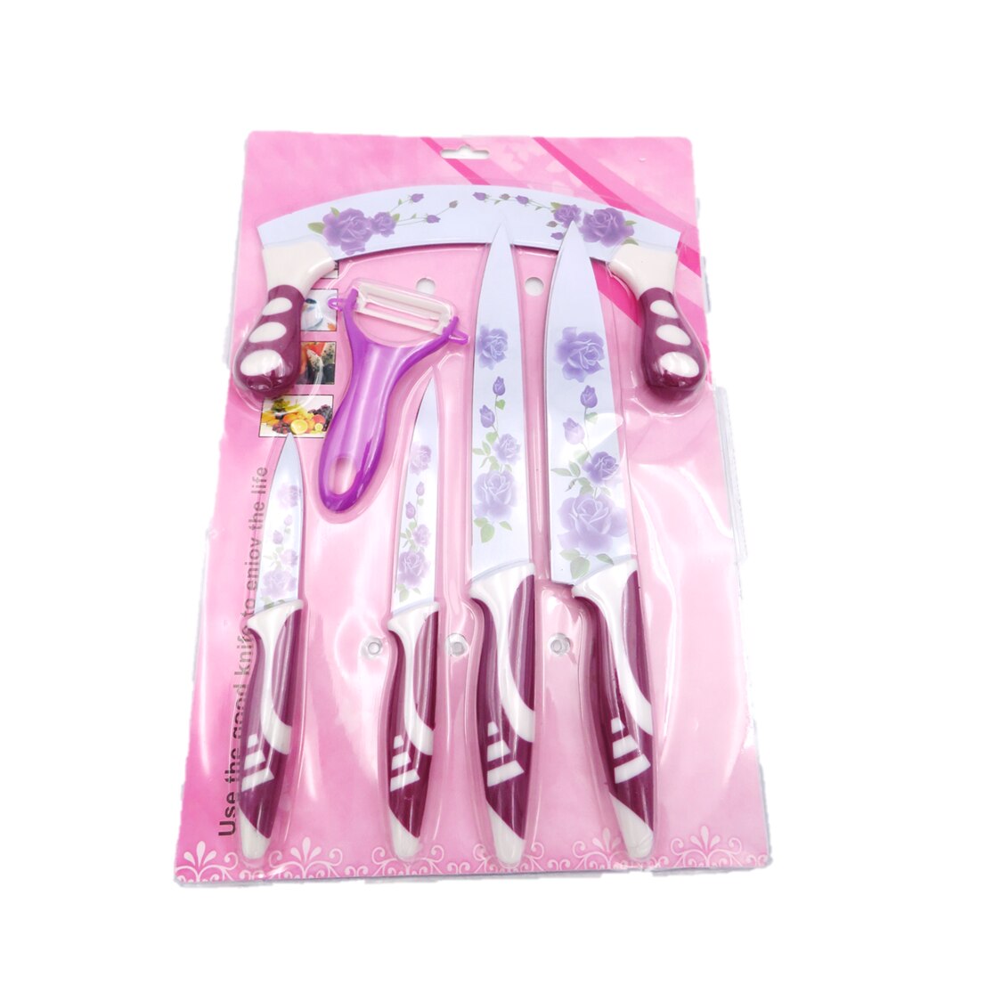 Set cutite bucatarie 6 piese, diferite marimi, model floral, mov