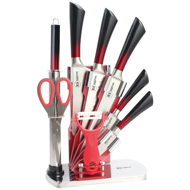 Set de cutite inox Bohmann, 9 piese, Foarfeca, curatator legume, Dispozitiv de Ascutit, negru/rosu