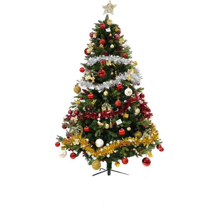 Изкуствена елха Flippy, украсена с червени шишарки, модел 1, 210 см, включена метална стойка