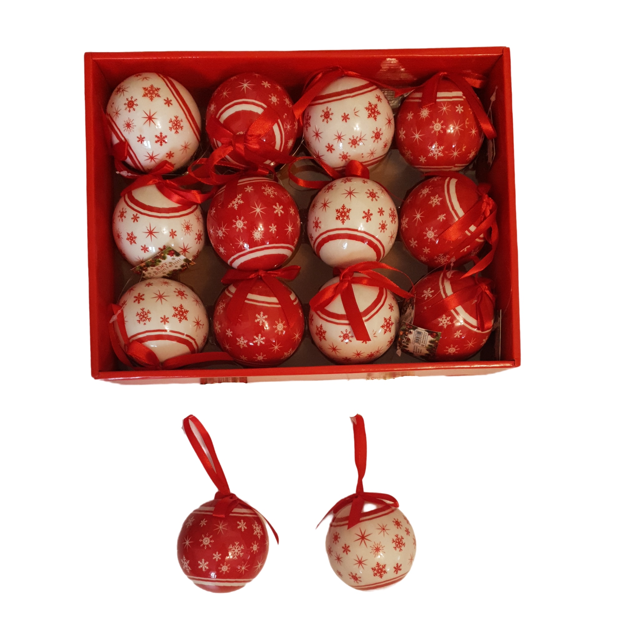 Set 12 Globuri Brad de Craciun, Alb/Rosu, 7.5 cm