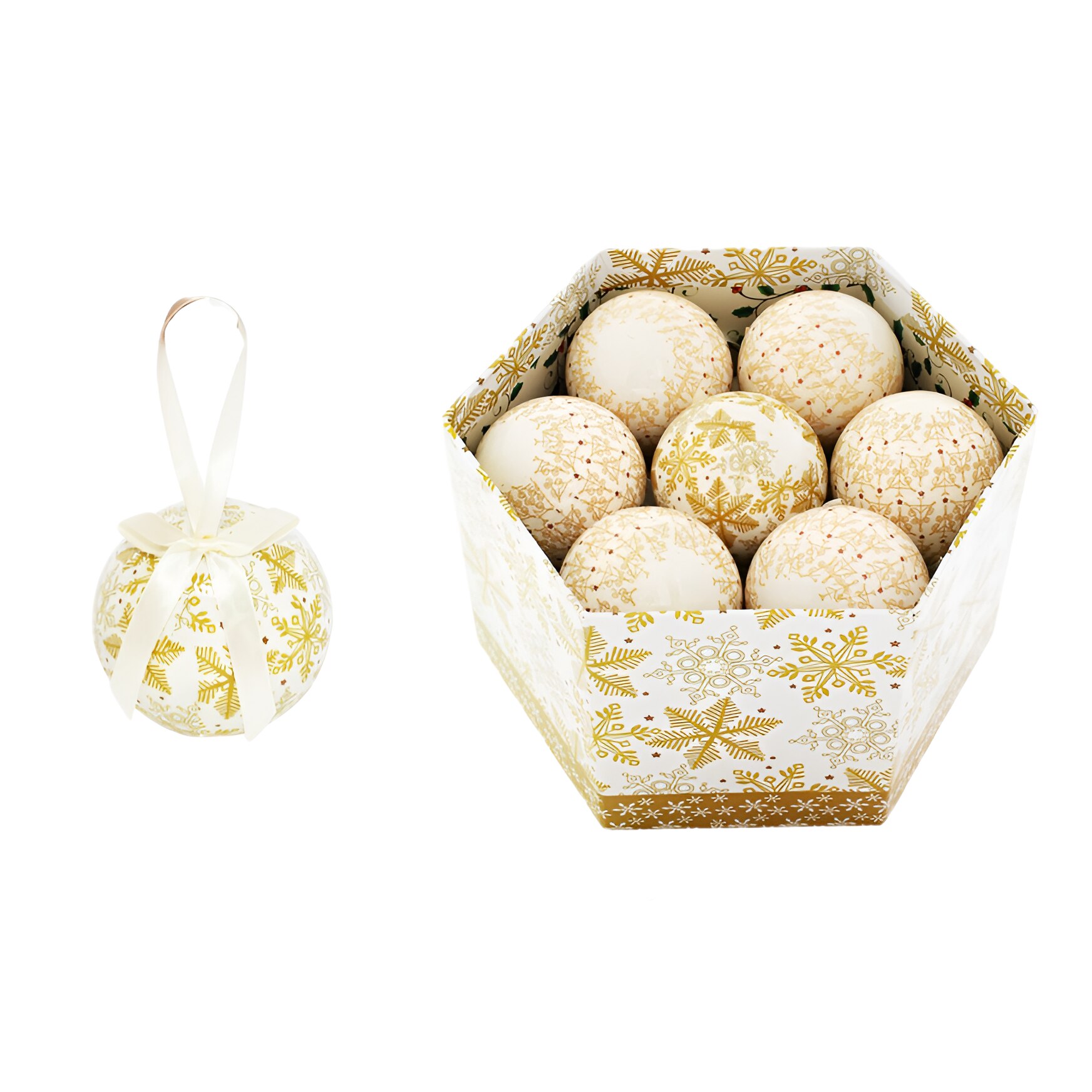 Set 14 Globuri Ornament Brad de Craciun, Alb/Auriu, 7.5cm