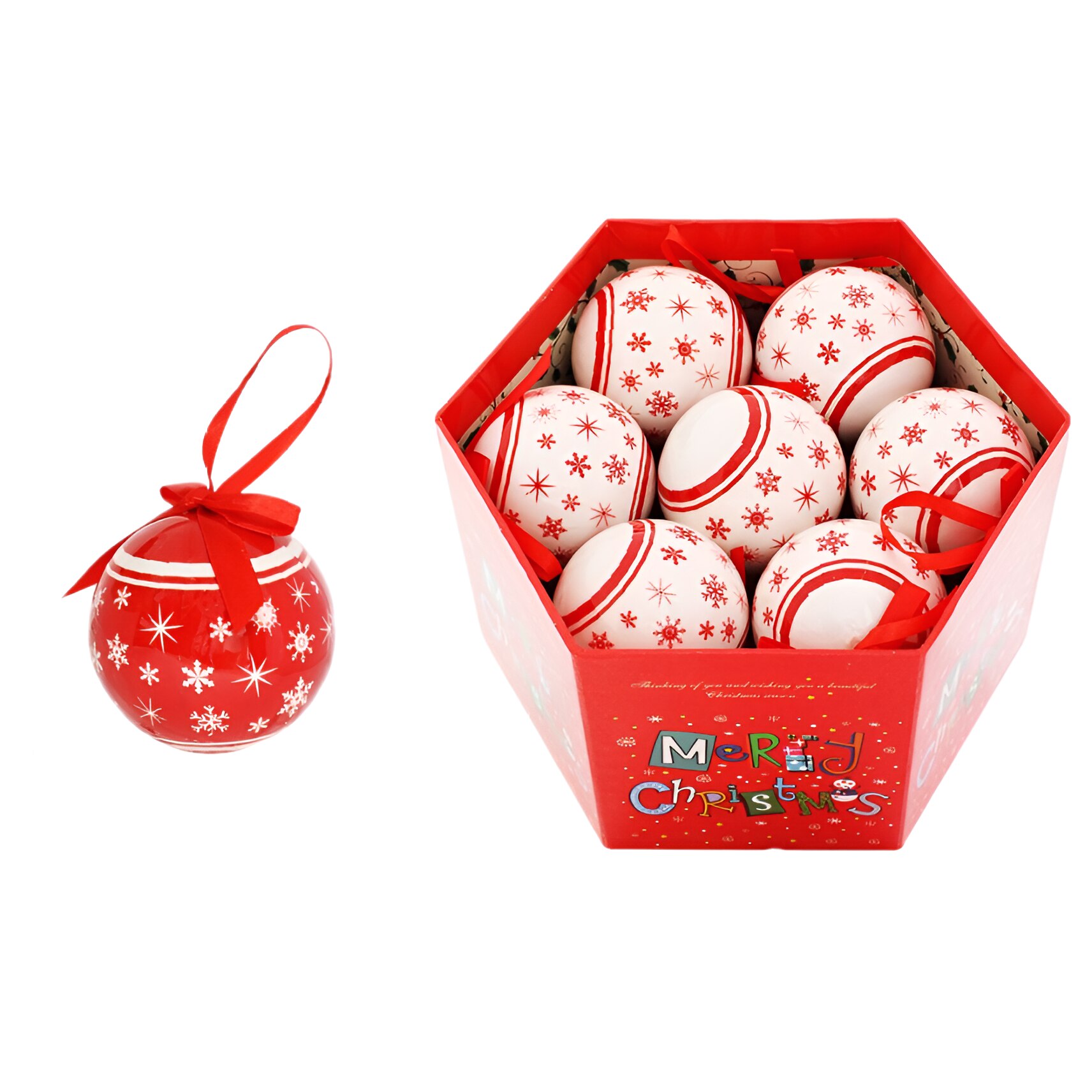 Set 14 Globuri Ornament Brad de Craciun, 7.5cm, Alb/Rosu