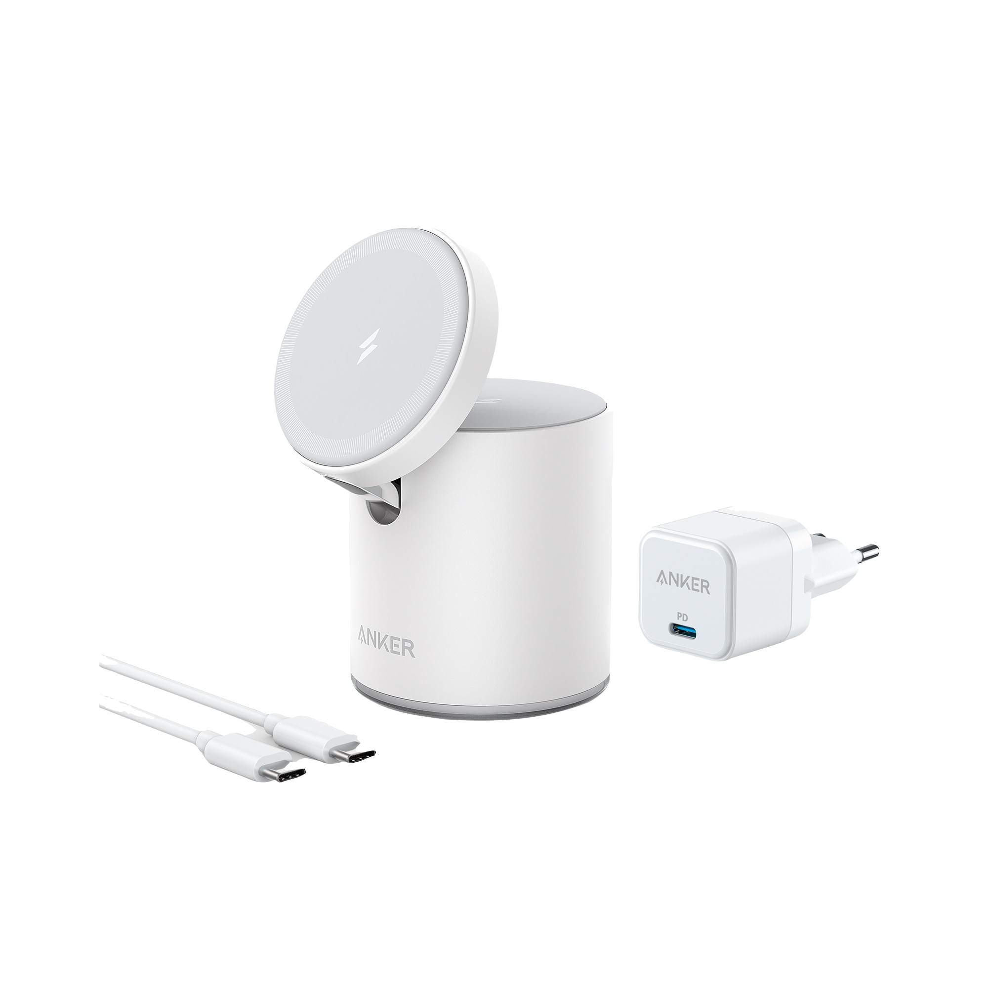 Incarcator wireless QI Anker PowerWave Mag-Go 2in1, 20W, Alb