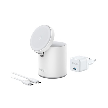 Incarcator wireless QI Anker PowerWave Mag-Go 2in1, 20W, Alb Incarcator wireless QI Anker PowerWave Mag-Go 2in1, 20W, Alb