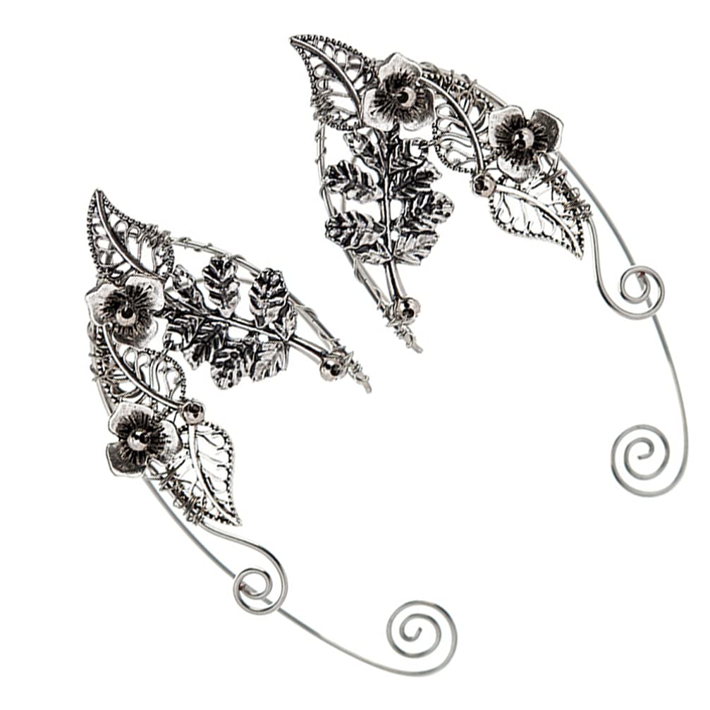 Cercei urechi de Elf , metalici cu frunza si flori, argintii