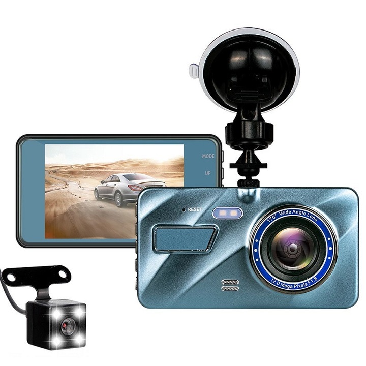 Camera auto DVR BOMSTOM, 4 inch, 170°, 1080P Full HD, Touch Screen, Vedere Nocturna, Inregistre In Bucla, Albastru
