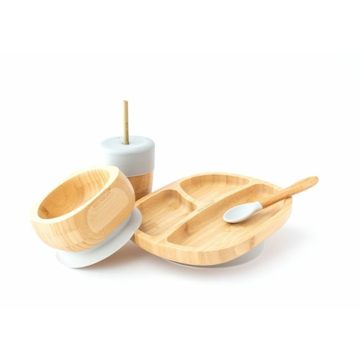 Eco Rascals Gyermek bambusz tányér, edényke kanállal, szívószálas pohár, szürke