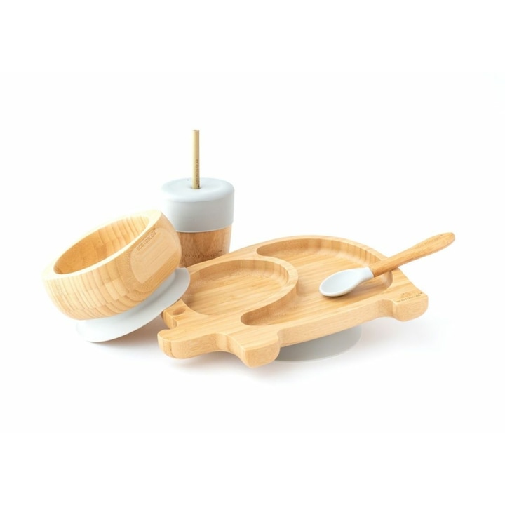 Eco Rascals Elefánt bambusz tányér, edényke kanállal, szívószálas pohár, szürke