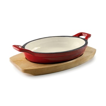 Vas oval din fonta rosu pentru specialitati cu suport, 700 ml Vas oval din fonta rosu pentru specialitati cu suport, 700 ml