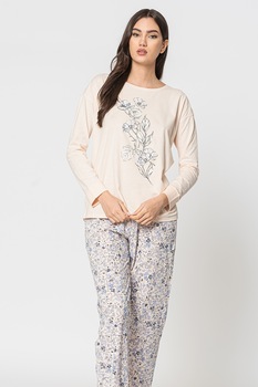 Triumph, Pijama de bumbac cu imprimeu floral, Maro nisip/Albastru aqua Triumph, Pijama de bumbac cu imprimeu floral, Maro nisip/Albastru aqua